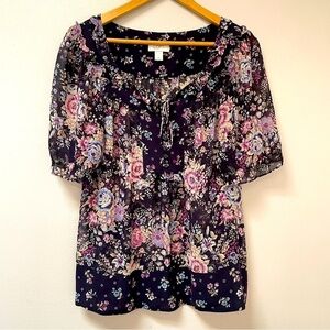 Loft Floral Mixed Print Sheer Ruffles Blouse Top M